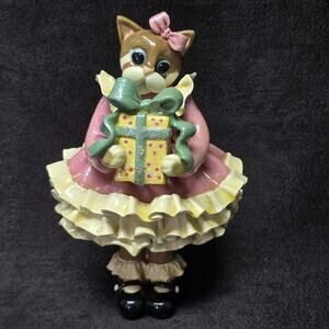 Donna Little Dressed Up Kitty Cat Holding Present Collectible Figurine